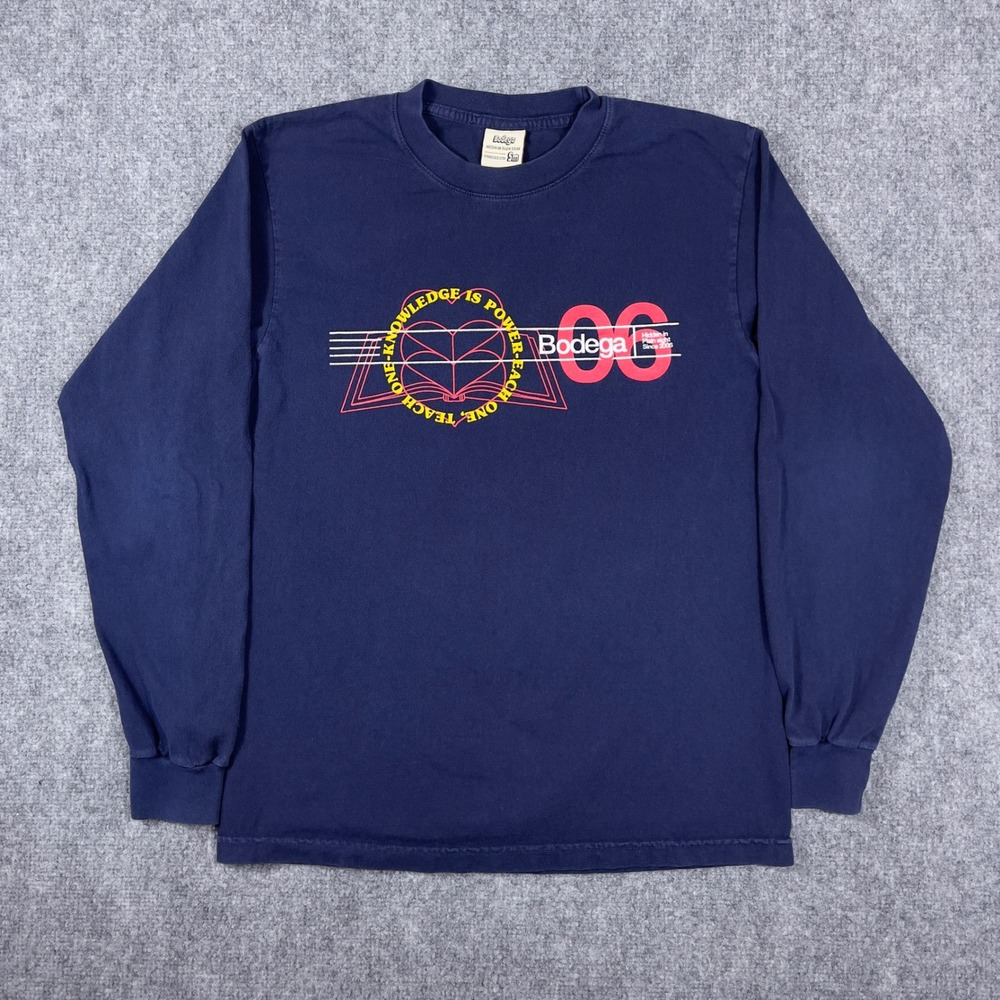 Bodega Long Sleeve Shirt Mens Small Navy Blue Knowledge Is Power Streetwear